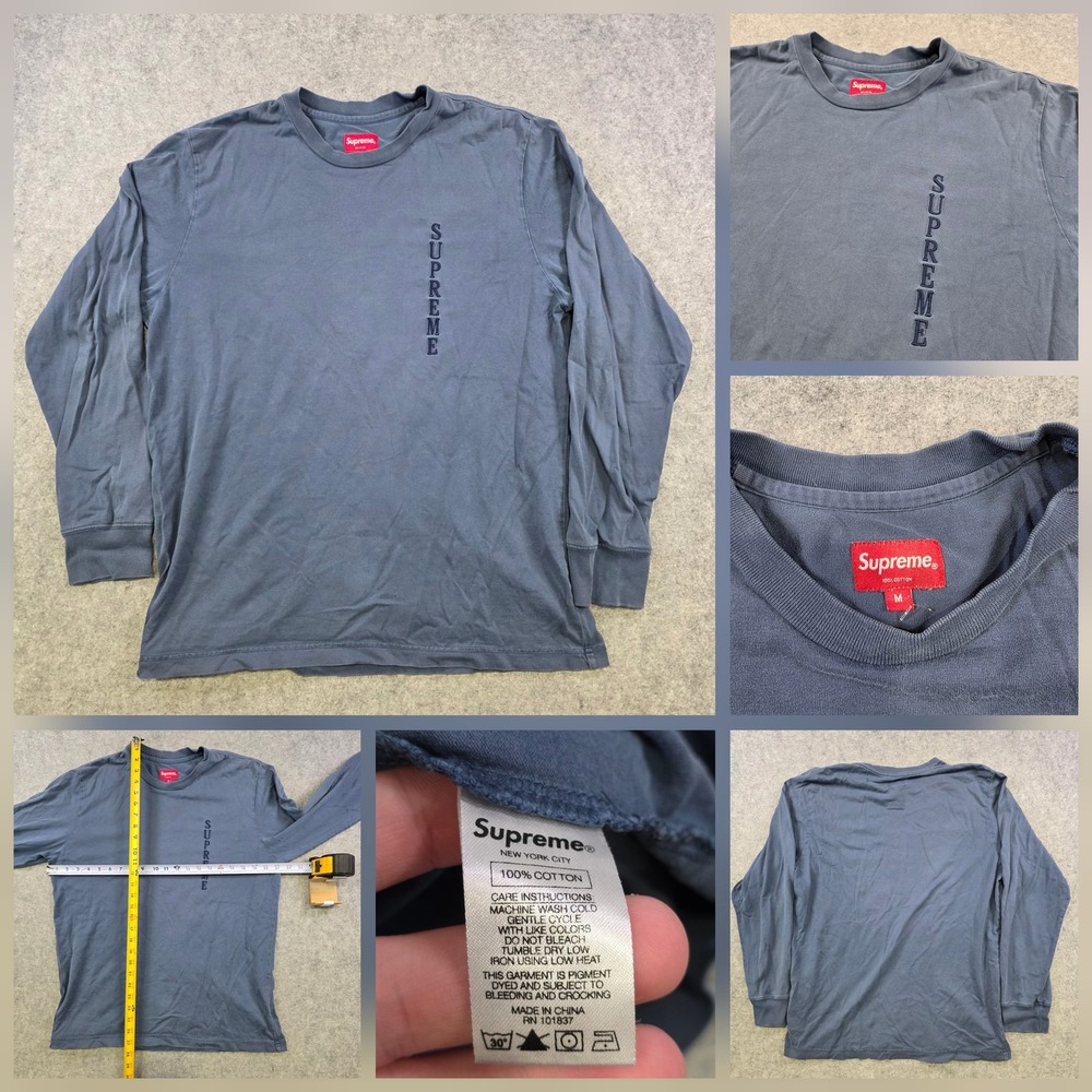 Supreme Overdyed T Shirt Mens Medium Blue L/S FW17 Embroidered Vertical Logo